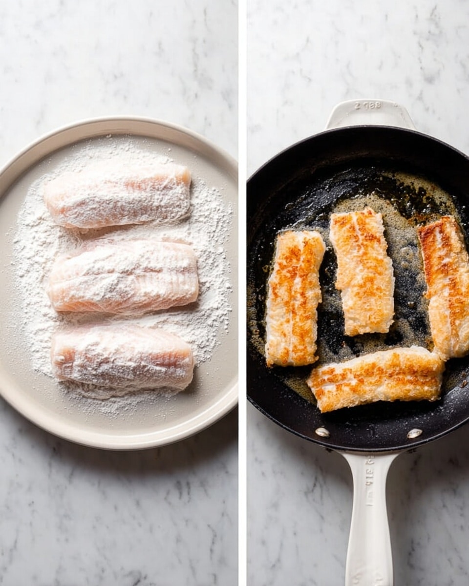 The image shows two side-by-side photos on a white marbled surface. On the left, four raw fish fillets are lightly coated in white flour, placed on a round white plate with extra flour sprinkled on one side. The fillets are pale pink with a soft, slightly powdery texture. On the right, the same four fillets are cooking in a black skillet with a white handle; the fillets have turned golden brown with crispy textures and are sizzling in oil, creating a slight shine on their surface. photo taken with an iphone --ar 4:5 --v 7