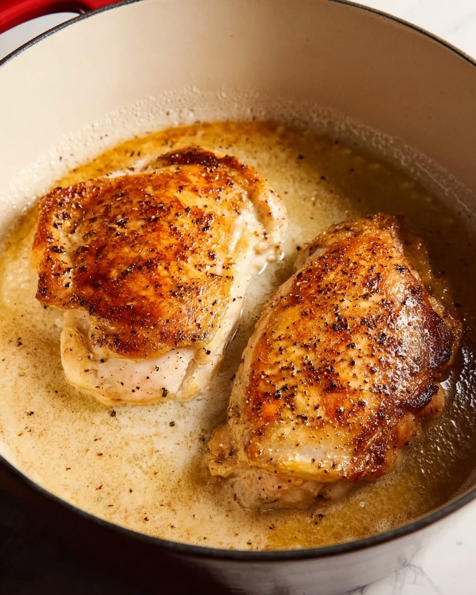 Two pieces of golden-brown cooked chicken sit in a white pot with a light cooking liquid covering the bottom. The chicken has a slightly crispy texture with visible black pepper sprinkled on top. The pot’s interior is smooth and white, contrasting with the rich brown color of the chicken. The background shows a white marbled surface around the pot. photo taken with an iphone --ar 4:5 --v 7