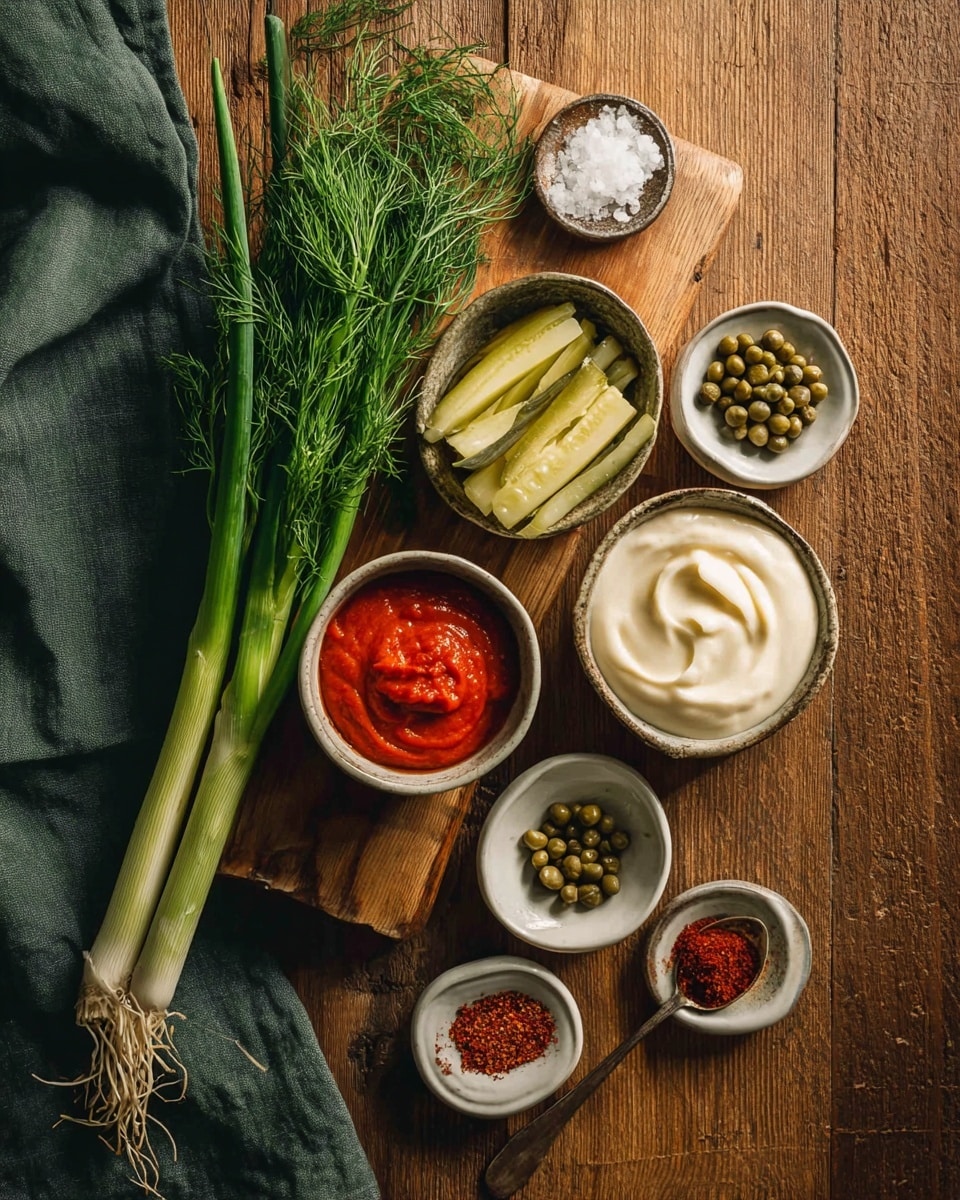 A wooden board with a dark green cloth under it holds two long green onions and a small bunch of fresh green dill. To the right, on a white marbled texture, are five small white dishes arranged in a loose cluster: one at the top with bright red sauce, below it a bowl with five pale yellow pickle slices, under this a bowl with smooth white creamy sauce, to the bottom right a bowl with small green capers, and a small spoon filled with red paprika powder sits next to the pickles. Another small bowl with coarse white salt is also placed near the bottom. The scene is lit warmly, showing natural textures of the food and dishes. Photo taken with an iphone --ar 4:5 --v 7