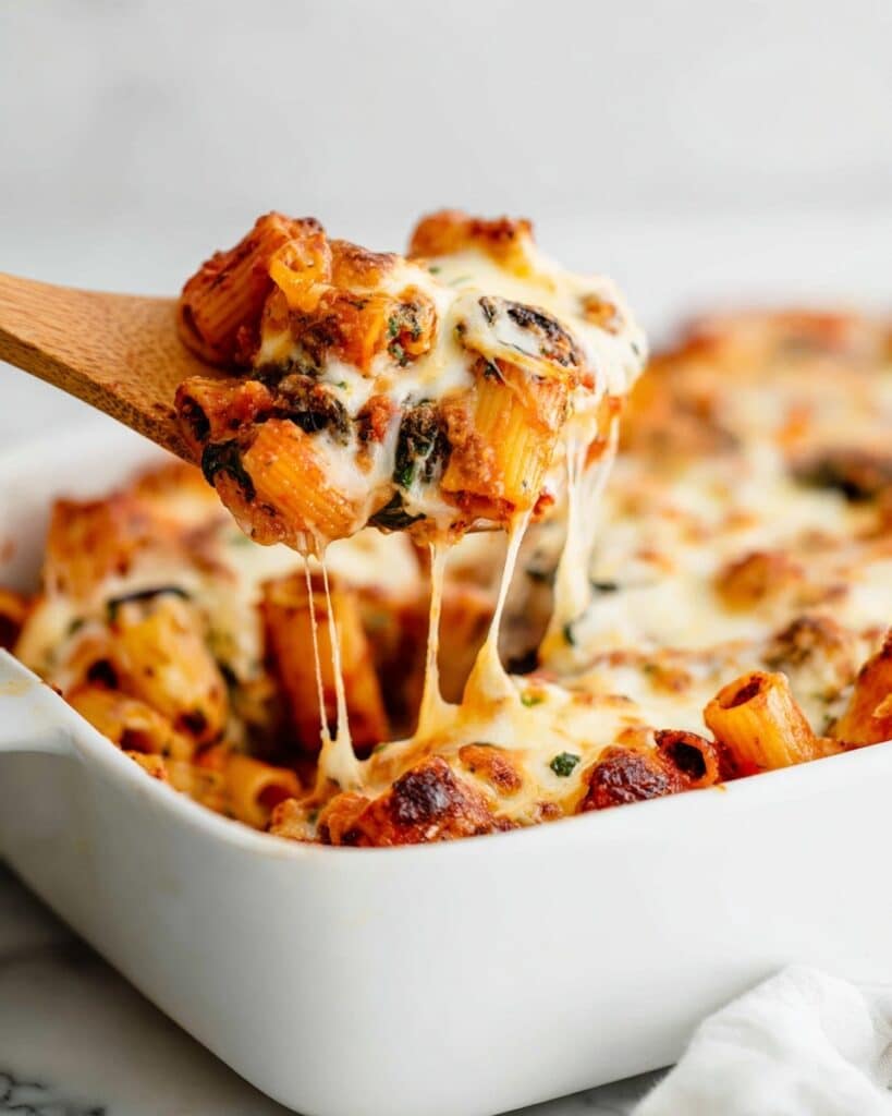 Cheesy Baked Rigatoni with Ground Beef and Vegetables Recipe