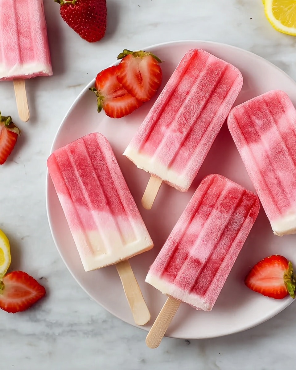 The image shows several strawberry and cream layered popsicles, mostly pink with some white cream layer near the bottom, laid out on a large white plate and on a white marbled surface. The popsicles have wooden sticks and a smooth texture with visible ice crystals. Around the popsicles are three halved fresh strawberries showing their bright red color and green tops. A small piece of lemon is also partially visible in the corner. The entire setting is bright and clean. photo taken with an iphone --ar 4:5 --v 7