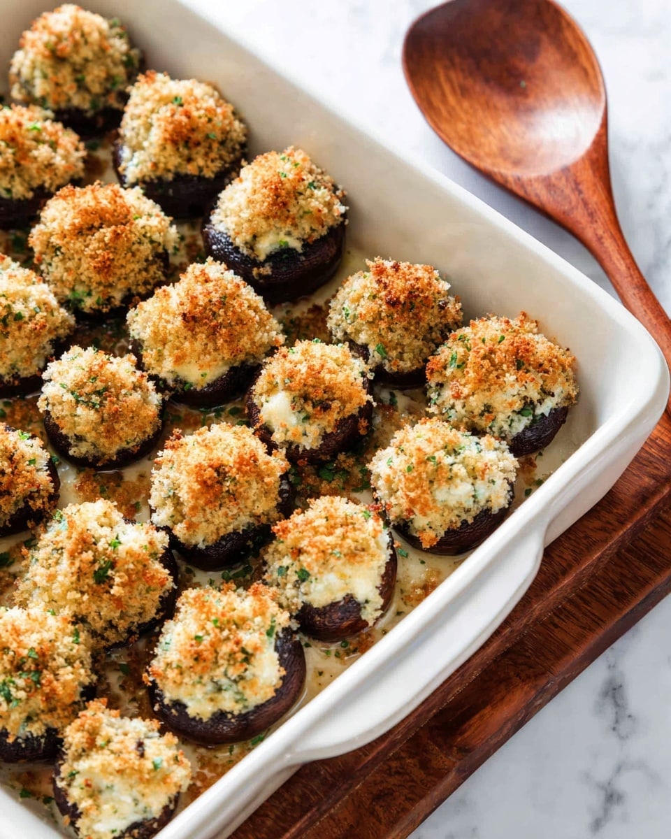 A white rectangular baking dish filled with two layers of stuffed mushrooms, about four rows thick. Each mushroom has a dark brown cap base topped with a creamy beige filling mixed with green herbs, all covered by a thick layer of golden brown crunchy breadcrumbs. The mushrooms are tightly packed side by side, and the dish is placed on a wooden board with a large wooden spoon resting on the right side. The background surface is white marbled texture. photo taken with an iphone --ar 4:5 --v 7