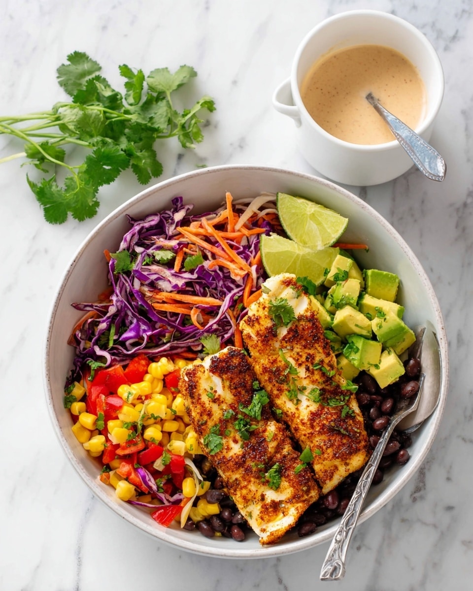 A white bowl placed on a white marbled surface contains a colorful layered salad. The bottom layer has black beans mixed with yellow corn and small red bell pepper pieces. Above that is a vibrant layer of shredded purple and white cabbage with thin slices of carrots. On one side, there are chunky pieces of green avocado sprinkled with small green onion bits. The topmost layer has two thick pieces of seasoned and cooked fish, golden-brown with some char marks and sprinkled with green onions. A wedge of lime rests near the fish. To the top right of the bowl, a white small cup with creamy light brown sauce and a metal spoon inside sits on the marbled surface. A small sprig of fresh green cilantro lies beside the cup. Photo taken with an iphone --ar 4:5 --v 7