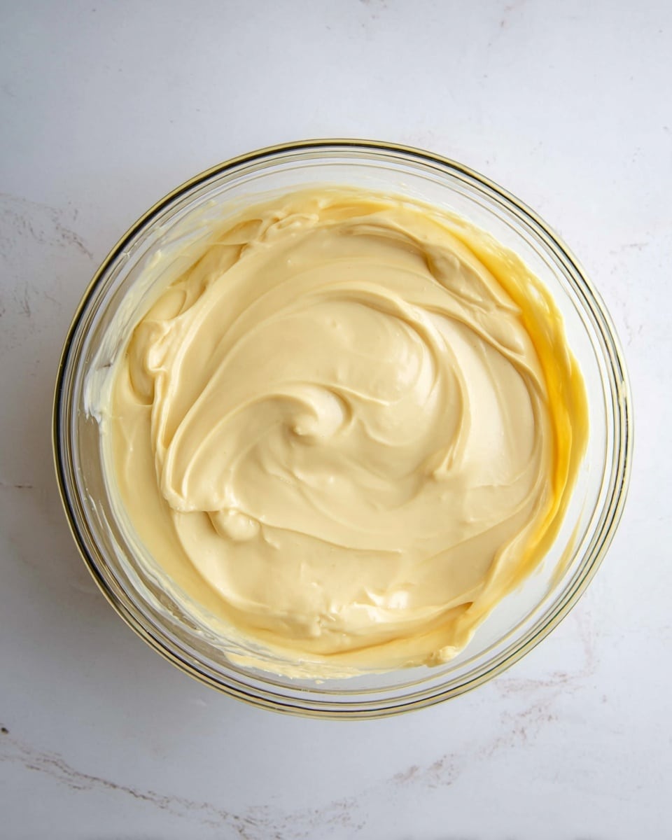 A clear round bowl filled with one layer of smooth, creamy, light yellow pudding or custard with soft swirls and gentle peaks on the surface, placed on a white marbled background. photo taken with an iphone --ar 4:5 --v 7