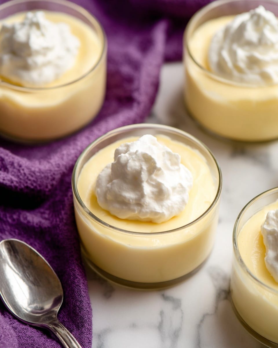 Several small glass bowls are filled with a smooth, pale yellow pudding, each topped with a light, fluffy white whipped cream dollop. The pudding has a creamy texture and fills about three-quarters of the bowl. The bowls are placed on a white marbled surface, next to a shiny metal spoon and a purple cloth on the left side. The scene is bright with soft natural light, showing close-up details of the pudding's surface and the whipped cream. Photo taken with an iphone --ar 4:5 --v 7