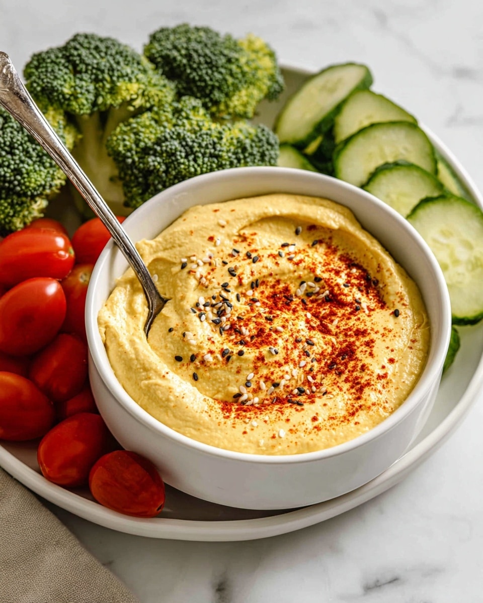 A white bowl filled with a thick, creamy yellow dip sprinkled with red spice powder and mixed sesame seeds on top. A silver spoon is placed in the dip, slightly sinking in. The bowl sits on a white platter surrounded by fresh vegetables including bright green broccoli, small red tomatoes, and green cucumbers. The whole setup rests on a white marbled surface. photo taken with an iphone --ar 4:5 --v 7