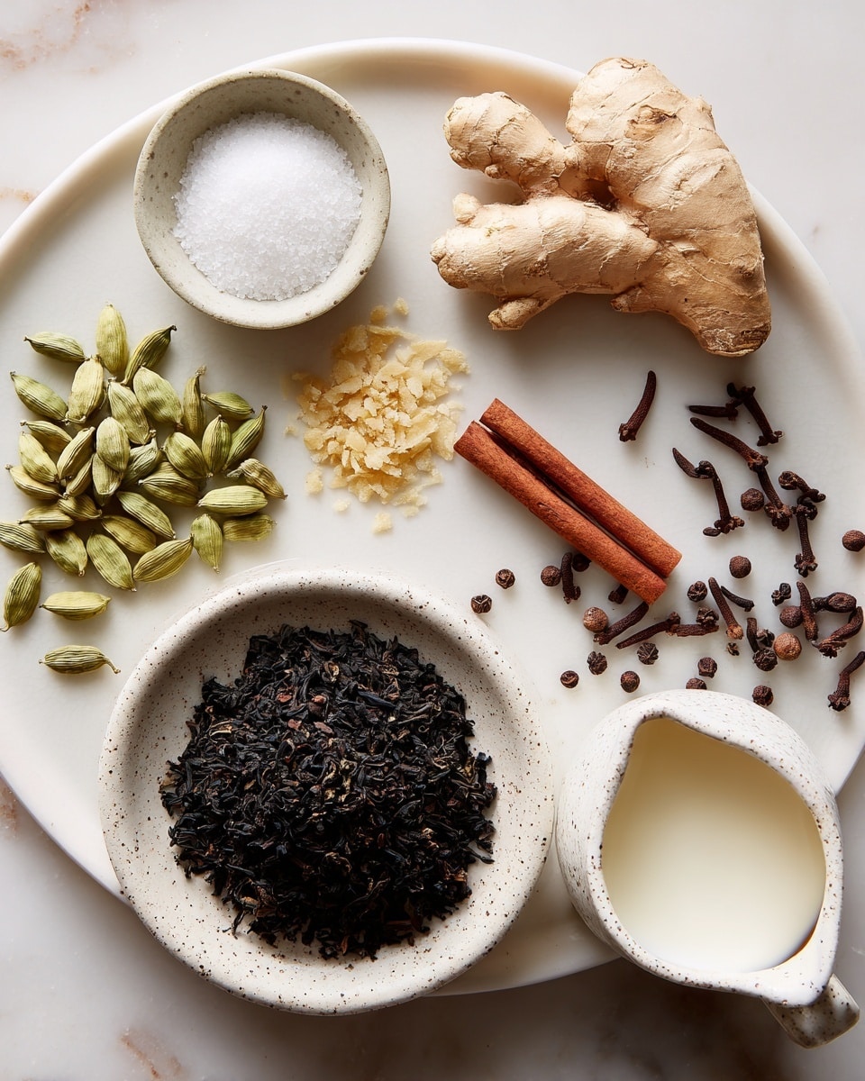 The image shows a white round plate with six groups of ingredients arranged in a circle: a cluster of light green cardamom pods, a light brown fresh ginger root, white coarse salt in a small bowl, a reddish-brown cinnamon stick, several dark brown cloves, and a small pile of cracked black peppercorns. Below this plate, there is a white speckled bowl filled with dark dried tea leaves, with some leaves scattered on the white marbled surface. To the right of this bowl, a white speckled creamer holds a small amount of milk. The overall scene is set on a white marbled surface. photo taken with an iphone --ar 4:5 --v 7