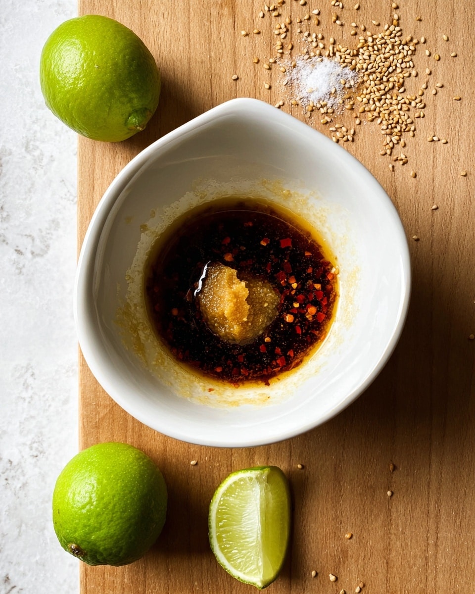 A white bowl with two layers of sauce inside; the bottom layer is dark brown soy sauce mixed with red chili flakes, and the top layer is a golden-yellow chunky paste in the center. Around the bowl on a wooden surface are three lime pieces, one whole lime and some scattered salt grains and sesame seeds. The photo is taken on a white marbled texture background. photo taken with an iphone --ar 4:5 --v 7