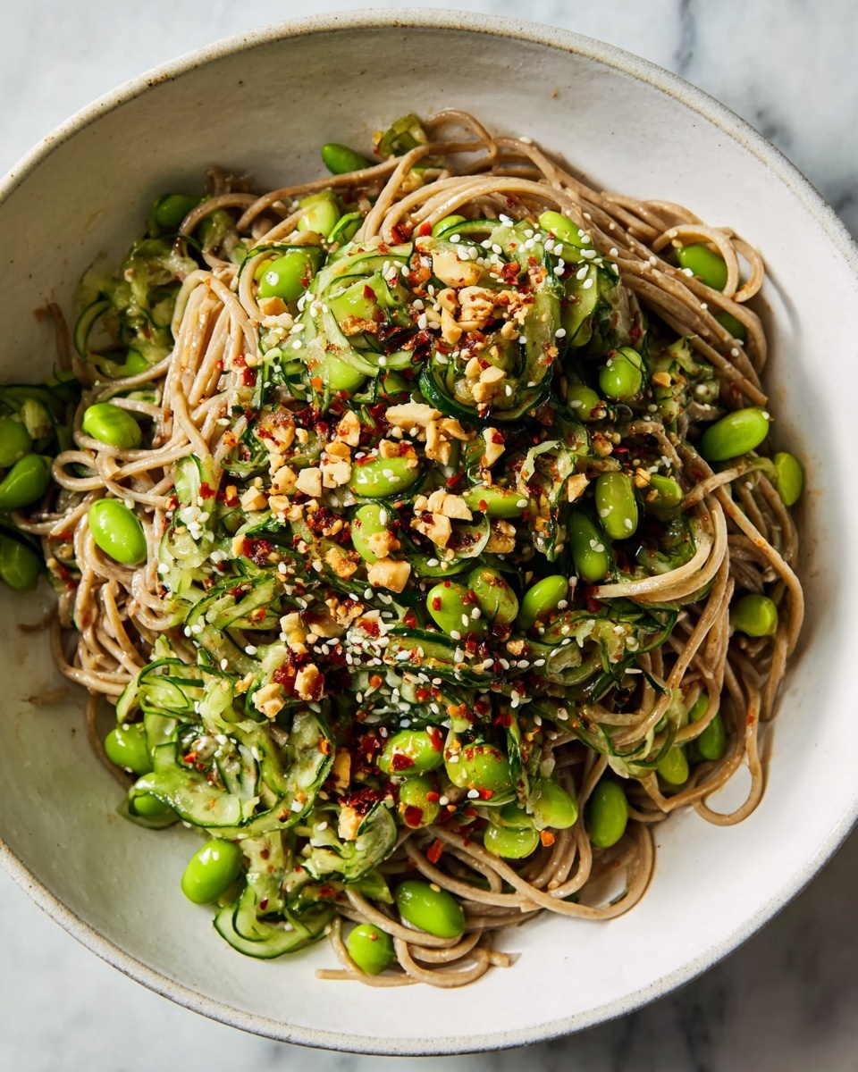 Chili Crisp Cucumber Soba Noodle Salad Recipe 6 A white bowl filled with a noodle dish showing three main layers: the bottom layer is light brown soba noodles tangled all over; the middle layer has thin, round slices of green cucumber and bright green edamame beans spread evenly; the top layer is sprinkled with white sesame seeds, small pieces of reddish-brown chili flakes, and some chopped green herbs. There are small bits of crushed nuts scattered on top. The bowl sits on a white marbled surface. Photo taken with an iphone --ar 4:5 --v 7