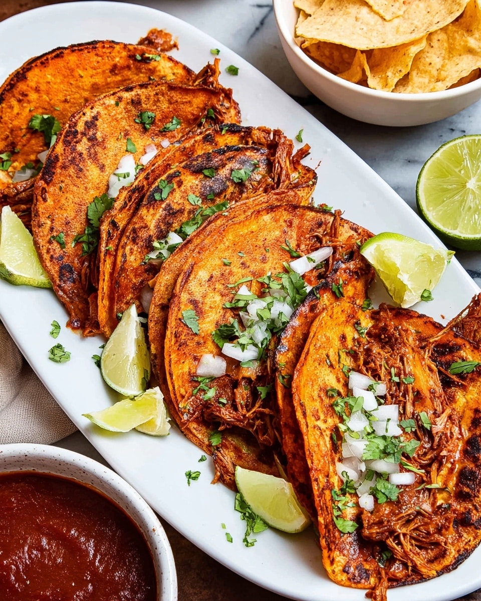 The image shows four golden-brown tacos with a slightly charred look, arranged in a row on a white oval plate with a white marbled texture underneath. Each taco has a thick tortilla wrapper with a red-orange tint, filled with shredded, reddish cooked meat. They are topped with small white onion pieces and green cilantro leaves scattered over and around them. Lime wedges are placed on the plate, adding small bright green pops of color near the tacos. To the side, there is a white bowl with pale yellow tortilla chips and another bowl filled with rich, red sauce. Photo taken with an iphone --ar 4:5 --v 7