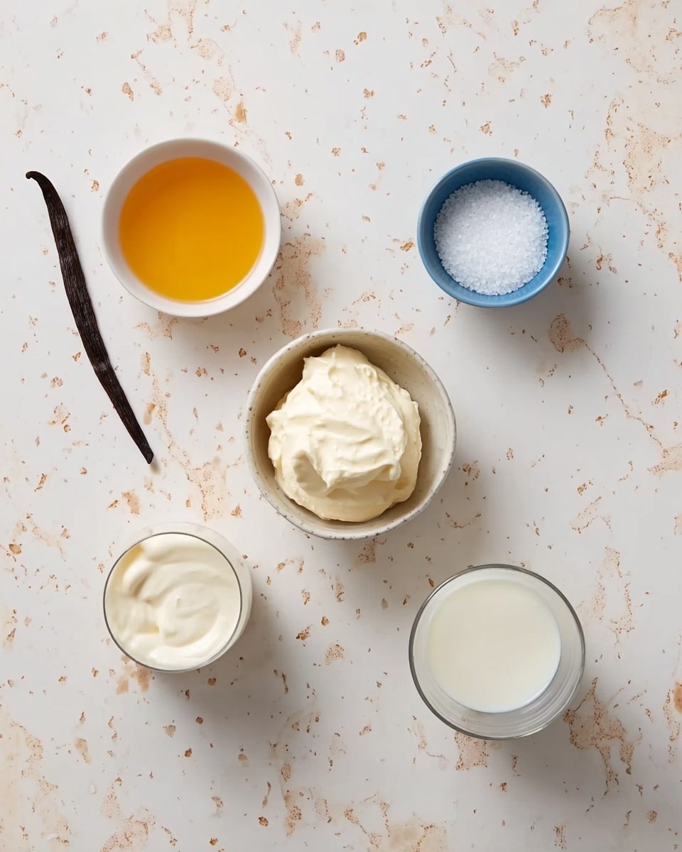 A top-down view shows five small white bowls and glasses placed on a white marbled surface with light brown spots. The upper center bowl contains a dollop of creamy, thick, white cream with a soft texture. To the left is a small white bowl filled with golden yellow liquid, and a dark brown vanilla bean pod lies beside it diagonally. On the upper right, there is a small blue bowl filled with white granulated sugar. Below, on the left, there is a clear glass filled with thick, smooth white cream, and on the right another clear glass filled with white liquid, likely milk. The arrangement is neat with soft natural light. Photo taken with an iphone --ar 4:5 --v 7