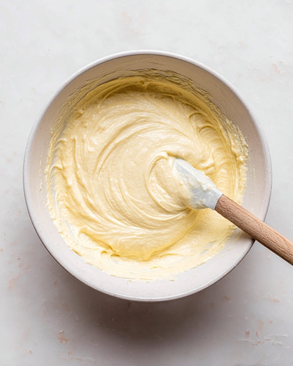 A white bowl filled with a thick, creamy batter that is pale yellow in color, with a smooth and slightly wavy texture on top, resting on a white marbled surface. A spatula with a wooden handle is partially submerged in the batter, with some batter on the spatula’s edges, creating soft ridges and swirls in the mix. The scene is simple and clean, focusing closely on the batter’s creamy texture and the bowl’s round shape photo taken with an iphone --ar 4:5 --v 7