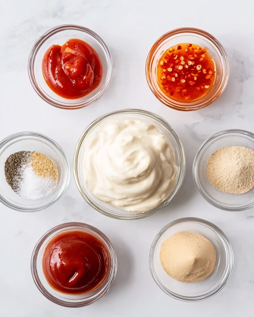 The image shows seven small clear glass bowls arranged on a white marbled surface. In the center, there is a bowl filled with thick, white creamy sauce. Surrounding it are six smaller bowls: starting from the top left, a bright red thick ketchup-like sauce, next to it on the top right, a shiny orange chili sauce with red pepper flakes visible inside, and a clear bowl with beige powder at the bottom right. On the bottom left, a bowl with a mix of black pepper and white salt, next to it a bowl with light brown powder, and in the bottom middle, a bowl with a smooth dark red sauce. All bowls are clear glass, and the whole setup looks clean and organized. Photo taken with an iphone --ar 4:5 --v 7