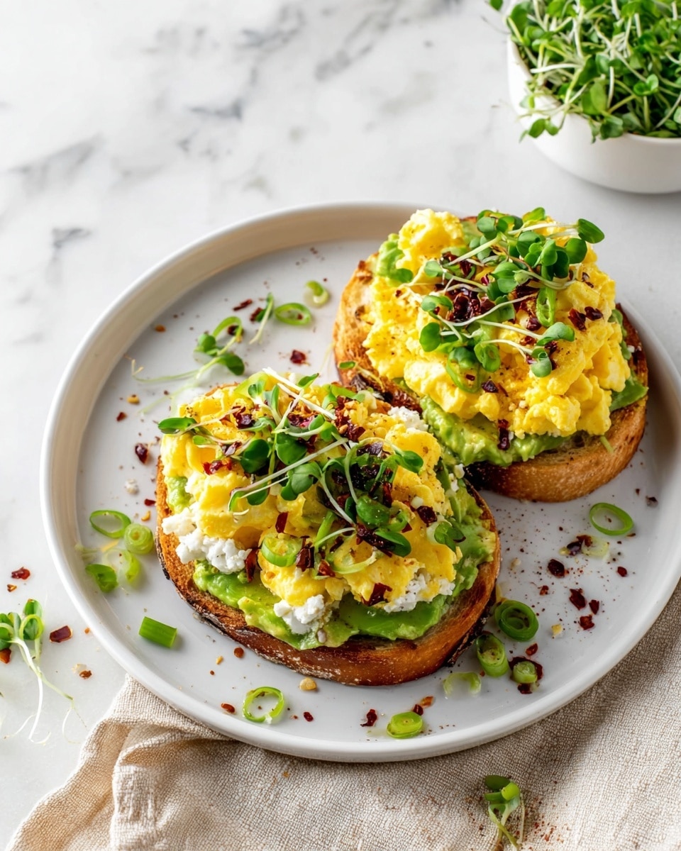 Two round pieces of golden-brown toasted bread sit on a white plate over a white marbled surface. Each toast is layered with mashed green avocado on the bottom, followed by a soft, white cottage cheese layer. On top of that, there is a layer of yellow scrambled eggs with a smooth and slightly creamy texture. The toasts are garnished with chopped green spring onions, fresh green microgreens, and small pieces of dark red chili flakes scattered on top and around the plate. The plate is partially on a beige cloth and there’s a white bowl of microgreens in the upper right corner. Photo taken with an iphone --ar 4:5 --v 7
