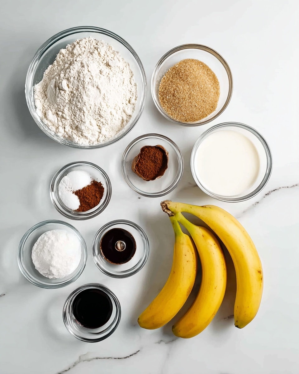 The image shows an arrangement of baking ingredients laid out on a white marbled surface. There are two ripe yellow bananas placed on the right side. Surrounding them are glass bowls filled with different powders and liquids: a large bowl with white flour at the top left, a smaller bowl with light brown sugar above it, a bowl with white liquid to the right of the flour, and a bowl of solid white fat below the sugar. There are also small glass bowls holding dark brown cinnamon powder, a mix of dark and light powder, white powder, black vanilla extract, and some salt, all positioned neatly around the main ingredients. photo taken with an iphone --ar 4:5 --v 7