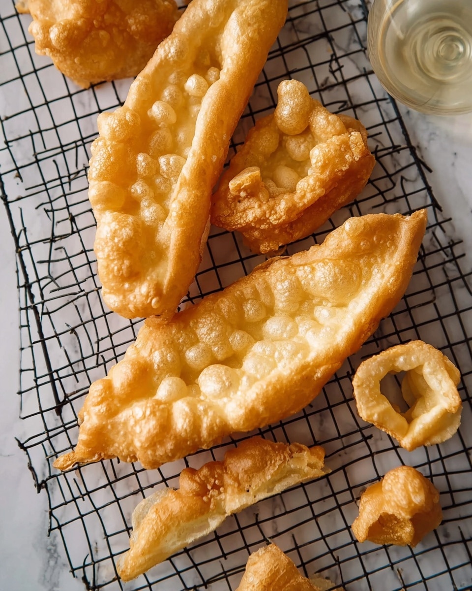 The image shows several pieces of light golden brown fried dough with a bubbly, airy texture, placed on a black wire cooling rack over a white marbled surface. The dough pieces vary in shape and size, with some long and curved, and others small and round with hollow centers. The texture is crisp on the outside and looks soft inside. The top right corner shows part of a glass filled with a white beverage. Photo taken with an iphone --ar 4:5 --v 7