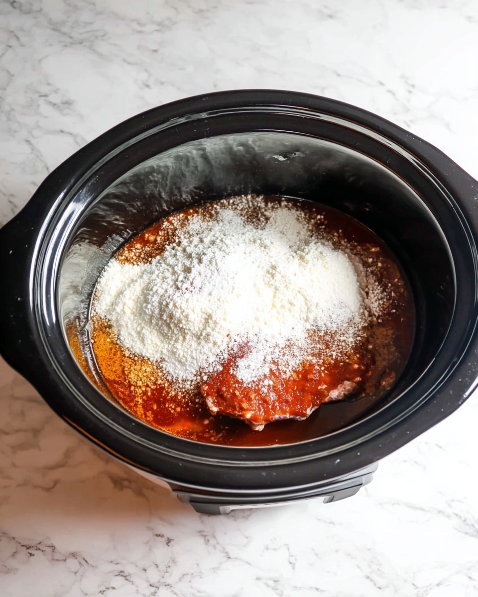 Inside a black slow cooker bowl on a white marbled surface, there is one layer of raw meat with a shiny texture at the bottom. On top of the meat, there is a layer of thick, reddish-orange sauce spread unevenly. Above the sauce, there is a layer of fine, white powder sprinkled mostly in the center, covering part of the sauce and meat below. The bowl has a smooth inside and two handles on the sides. Photo taken with an iphone --ar 4:5 --v 7