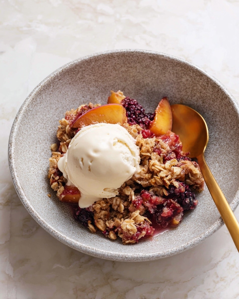 A textured light gray bowl holds a layered dessert with three main parts. The bottom layer is a mix of baked oats and fruit pieces, showing deep red blackberries and soft orange peach chunks mixed with tan oat flakes, creating a rough and crumbly look. On top, a round scoop of creamy white ice cream with a smooth texture melts slightly over the fruit and oats. A shiny gold spoon rests inside the bowl on the right side. The bowl sits on a white marbled texture surface. Photo taken with an iphone --ar 4:5 --v 7