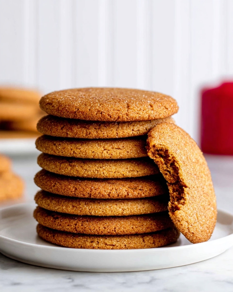 A tall stack of ten round, golden brown cookies with a slightly rough texture sits on a white plate. The top cookie has a bite taken out of it, showing a soft inside with a warm brown color. Next to the stack, one cookie leans against it upright, revealing the same color and texture on its edge. In the blurry background, more cookies and a red object are partly visible. The setting rests on a white marbled surface with a simple white background. Photo taken with an iphone --ar 4:5 --v 7