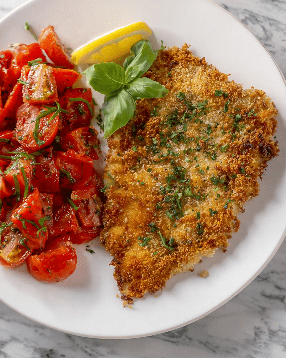 A white plate features a golden brown breaded fillet on the right side, with a crispy, crumbly texture sprinkled lightly with green herbs. On the left side, there are chunks of red tomatoes with a fresh, juicy look, also sprinkled with green herbs. A small green basil sprig is placed near the tomatoes, and a thin lemon slice peeks from behind the fillet. The plate rests on a white marbled surface. photo taken with an iphone --ar 4:5 --v 7