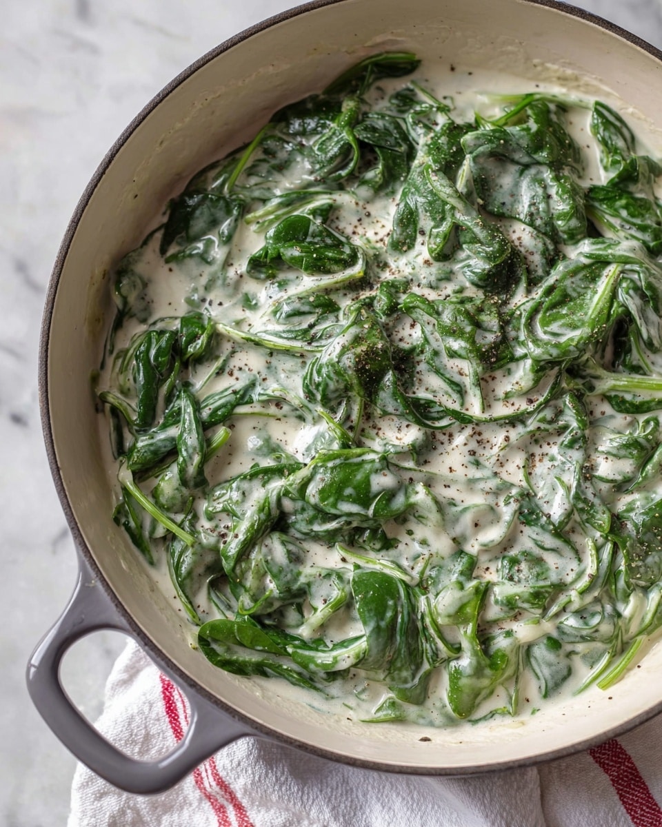 A close-up view of a white enamel pot filled with fresh spinach leaves covered in a creamy white sauce, speckled with ground black pepper on top. The green spinach leaves have a fresh, soft texture and are folded and mixed through the smooth sauce, creating a light, creamy layer that blends with the vibrant green. The pot handle is gray, and part of a white cloth with thin red lines is visible under the pot. The whole scene is set on a white marbled surface. photo taken with an iphone --ar 4:5 --v 7