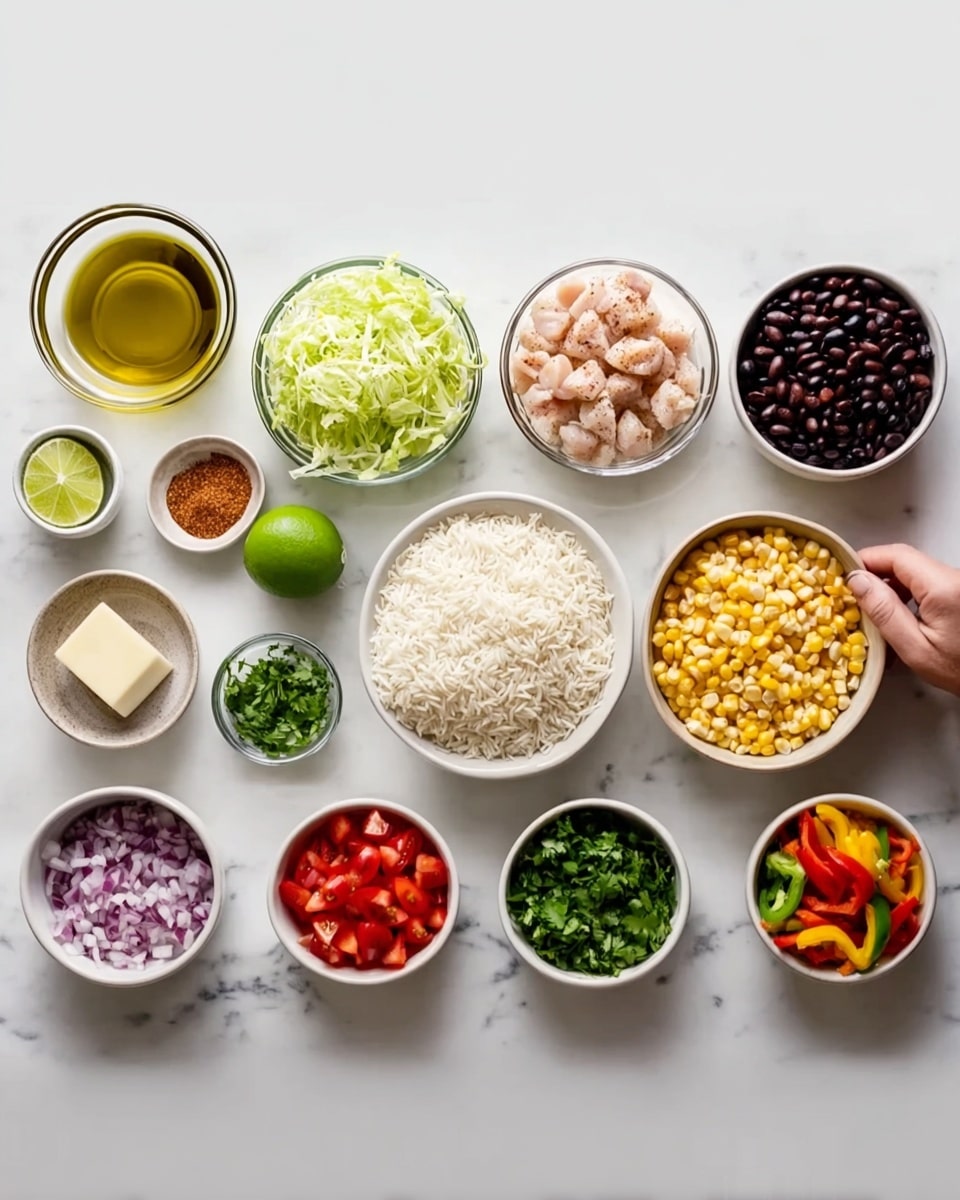 The image shows 13 small bowls and containers arranged in two rows on a white marbled surface. The top row has a bowl of olive oil on the far left, a white bowl with shredded lettuce next, a small glass bowl with seasoned raw chicken pieces in the middle, a white bowl filled with white rice next to it, a small white bowl of black beans next, a small glass bowl of yellow corn, and a tiny white dish with a square piece of butter on the far right. The bottom row includes a small white bowl with diced red onion on the left, a small white bowl with diced red tomatoes next, a small stainless steel bowl of chopped cilantro in the middle, a small glass bowl half-full of lime wedges, a small white bowl with red, yellow, and green bell pepper strips, and a tiny white dish with a reddish-brown spice mix on the far right. A woman's hand is gently touching the bowl with shredded lettuce on the top row. photo taken with an iphone --ar 4:5 --v 7