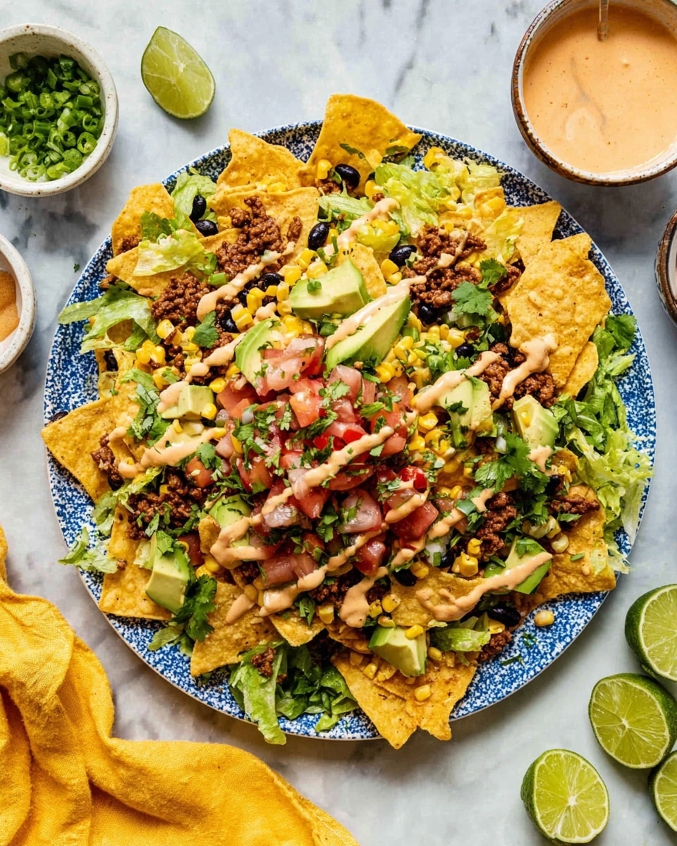 A white plate with blue splatter print holds several layers of nachos. The bottom layer is crispy golden tortilla chips scattered evenly. On top, there is torn bright green lettuce mixed with fresh yellow corn pieces and avocado slices. Over this sits a layer of cooked brown ground meat and black beans. Small chunks of red tomatoes and white onions form a colorful salsa in the center. The whole dish is topped with light green chopped scallions, chopped cilantro, and a creamy orange sauce drizzled across. The plate is set on a white marbled surface with small bowls of sauce and lime wedges nearby, and a yellow cloth partially visible. Photo taken with an iphone --ar 4:5 --v 7
