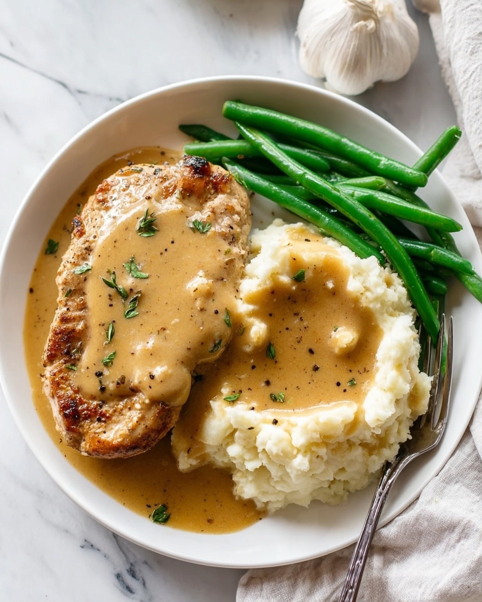 A white plate sits on a white marbled surface holding three main layers: on the left is a piece of browned, cooked meat covered with light brown gravy that has small green herb bits scattered on it; on the right side next to the meat is a mound of white mashed potatoes topped with a pool of the same light brown gravy, speckled with black pepper; at the top right of the plate are bright green cooked green beans arranged neatly; a silver fork rests on the right edge of the plate, touching the mashed potatoes; the background shows a white cloth and a garlic bulb slightly out of focus, photo taken with an iphone --ar 4:5 --v 7