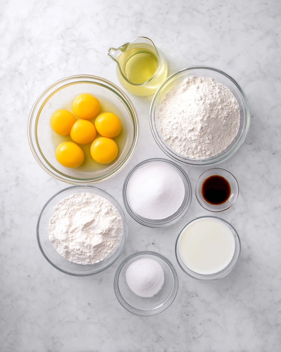 The image shows eight clear glass bowls and one small clear glass cup arranged neatly on a white marbled surface. Starting from the top right and moving clockwise: a large bowl filled with white flour, a cup with a small amount of white salt, a large bowl with six raw eggs showing bright yellow yolks in clear whites, a medium pitcher with a yellowish clear liquid likely oil, a medium bowl filled with white granulated sugar, a small bowl with white baking powder, a medium bowl with white milk, and a small cup with dark brown vanilla extract. Each ingredient is separate and cleanly displayed. Photo taken with an iphone --ar 4:5 --v 7
