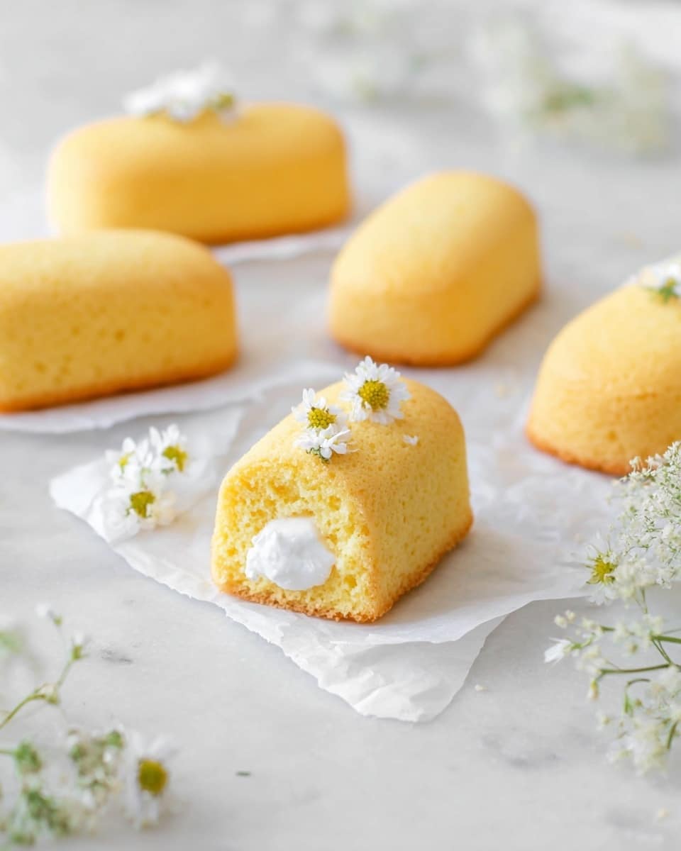 Several small yellow sponge cakes are arranged on a white marbled surface with white paper underneath. Each cake is rectangular with rounded edges and a smooth, soft texture. One cake in the front is open at one end, showing a creamy white filling inside. The cakes are decorated with small white flowers placed on top and around them, adding a delicate touch. The scene is bright and light, with soft shadows and a clean look. Photo taken with an iphone --ar 4:5 --v 7