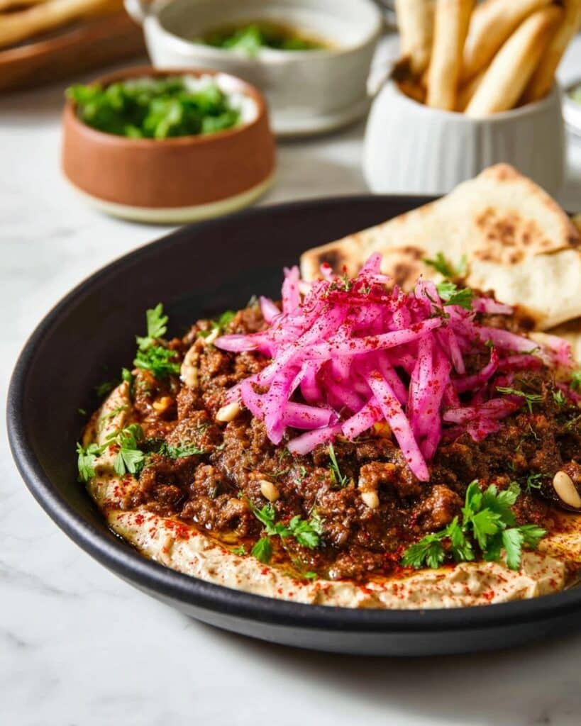 Spiced Ground Beef with Hummus and Fresh Herb Toppings Recipe