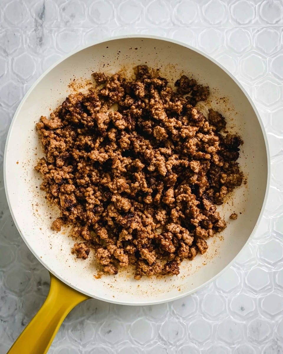 A white pan with a yellow handle filled with cooked, crumbled brown ground meat, slightly oily with bits of seasoning and darker browned edges, sitting on a white marbled surface that has a circular bubble pattern texture photo taken with an iphone --ar 4:5 --v 7