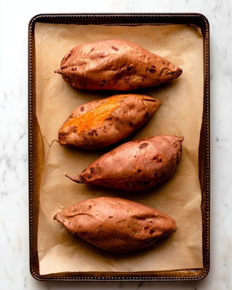 Four whole roasted sweet potatoes with slightly wrinkled, brownish-orange skin and some small dark spots, arranged in two rows on a sheet of light brown parchment paper. The parchment paper lies on a dark baking tray with raised edges, which sits on a white marbled surface. The sweet potatoes are different sizes, with two larger ones at the bottom and two smaller ones at the top. photo taken with an iphone --ar 4:5 --v 7