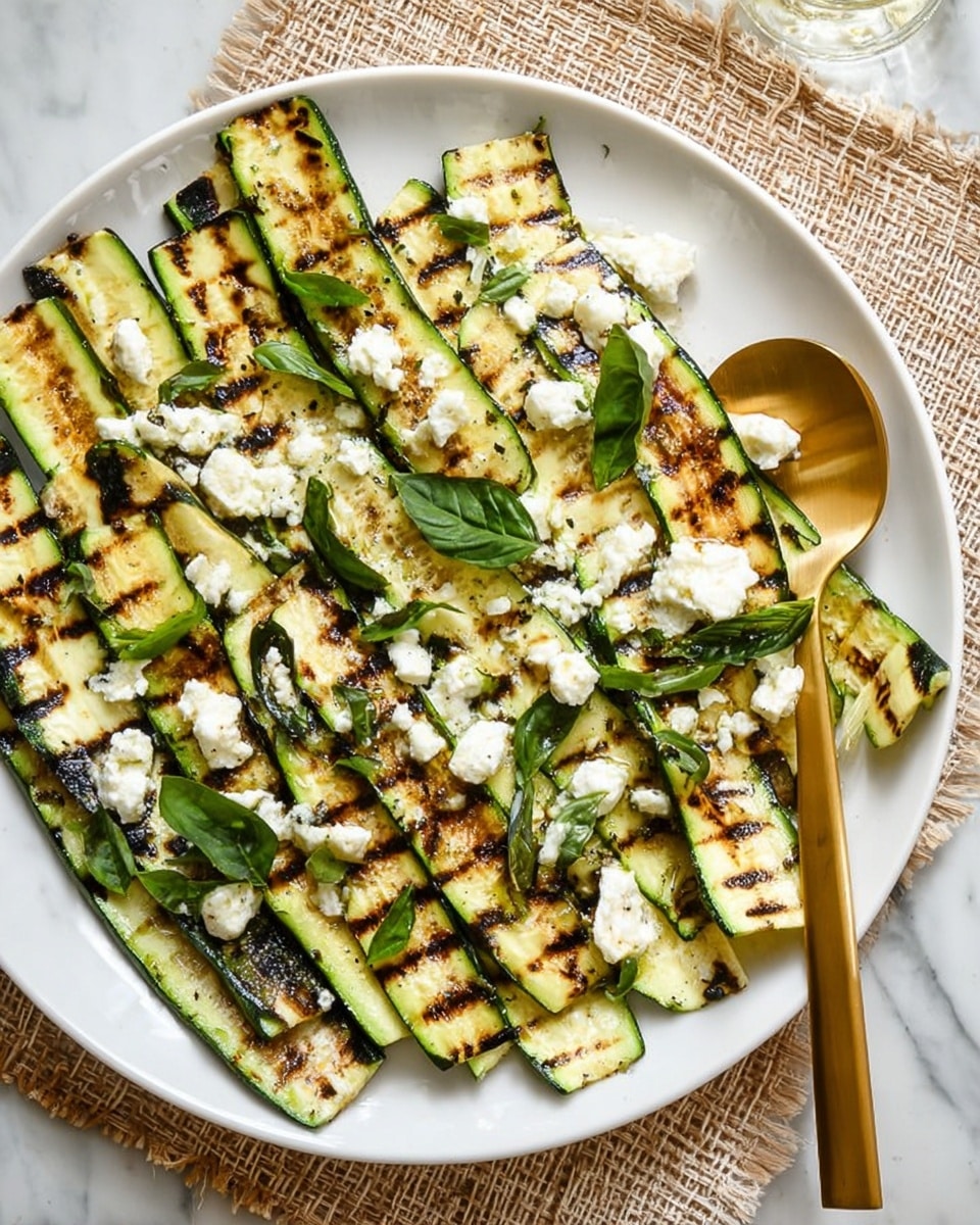 The dish is a white plate filled with thin, long slices of grilled zucchini that have visible dark grill marks and a slight golden brown color. On top of the zucchini slices, there are small white dollops of soft cheese scattered evenly. Thin strips of fresh green basil leaves are sprinkled over everything, adding a fresh touch. A golden spoon rests inside the plate on the right side. The plate is placed on a white marbled surface with a woven beige cloth underneath. photo taken with an iphone --ar 4:5 --v 7