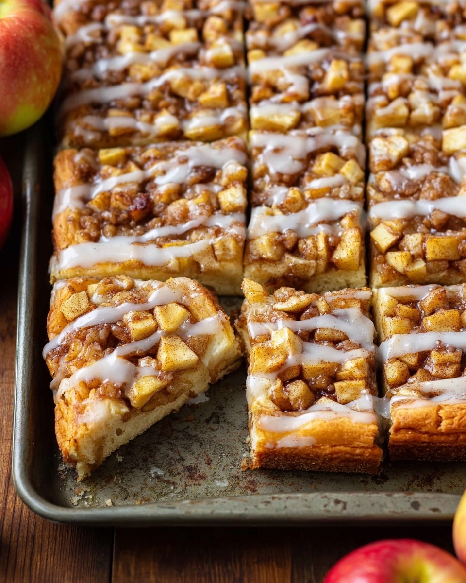 The image shows a metal baking tray filled with a sliced apple cinnamon pastry. The pastry has two layers: a golden brown baked dough base, and a topping of small diced apple pieces mixed with cinnamon, creating a textured and shiny brown layer. The entire top is drizzled with a thin white icing that contrasts with the warm brown colors beneath. The tray is on a wooden surface with some whole apples nearby. One slice is slightly lifted, showing the soft, fluffy inside of the dough. photo taken with an iphone --ar 4:5 --v 7