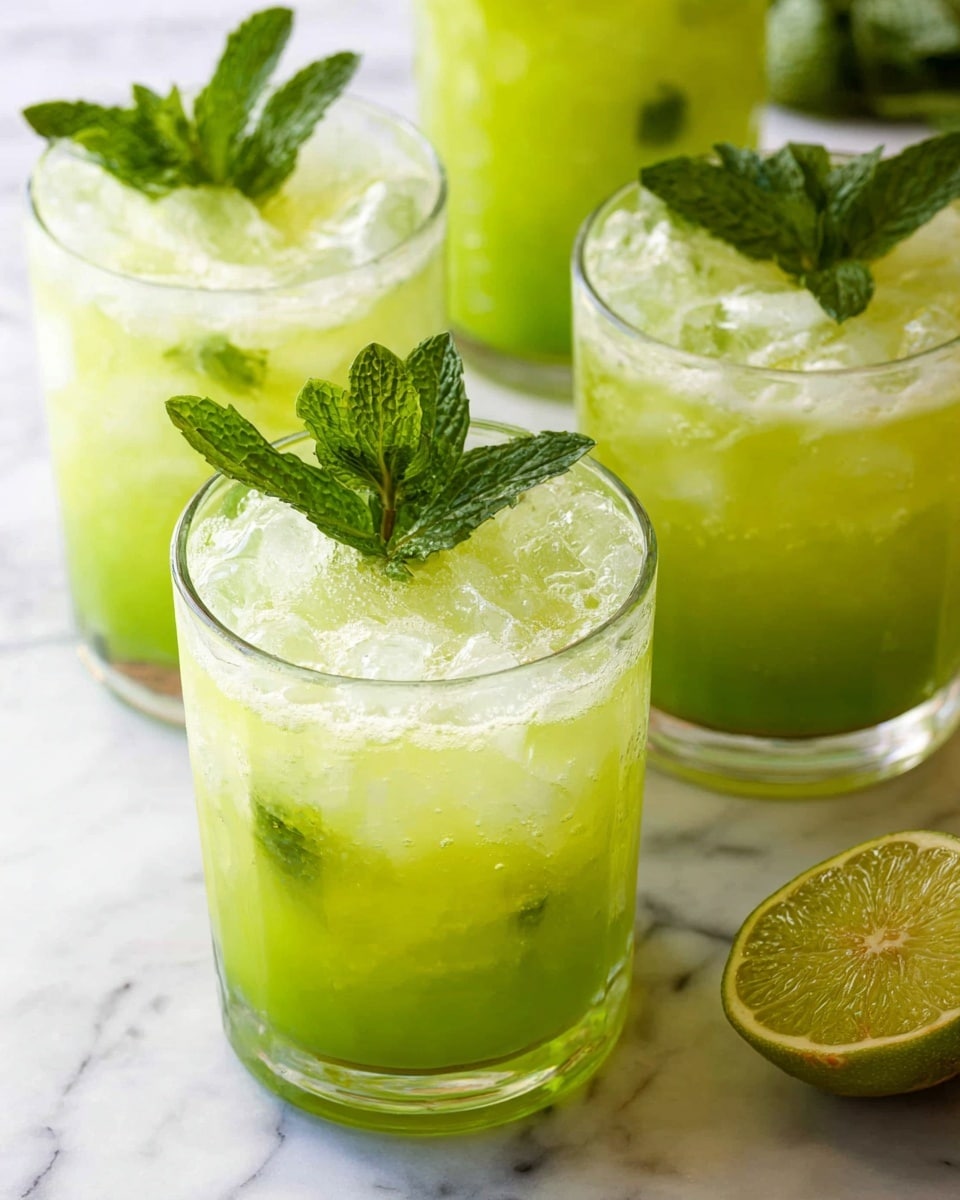 Four clear glasses on a white marbled surface hold a bright green drink with ice cubes. Each glass has two layers: the bottom layer is a smooth, vibrant green liquid, and the top layer is mostly ice with bubbles floating at the surface. Two glasses are garnished with fresh green mint leaves standing upright in the center. A halved lime with a rough, light green skin and pale interior rests on the surface near the glasses. The photo taken with an iphone --ar 4:5 --v 7