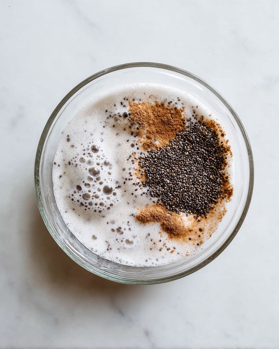 A clear glass bowl sits on a white marbled surface, containing a mixture of white liquid with small bubbles on the surface. On top of the liquid, there are three visible sections: a cluster of tiny black chia seeds on the right side, a few scattered brown powder spots mainly on the left and center, and some lighter brown powder in the middle. The layers include the clear bowl, the white foamy liquid filling most of the bowl, with the dark chia seeds and brown powders sitting on top, creating a speckled effect. Photo taken with an iphone --ar 4:5 --v 7