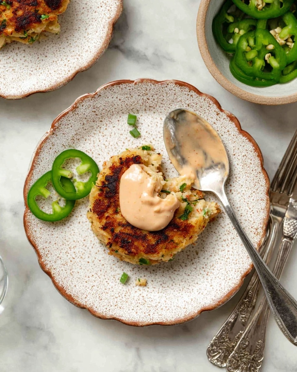 A single golden brown crab cake with bits of green herbs visible inside sits in the center of a white speckled plate with a scalloped brown rim. On top of the crab cake is a dollop of soft, light pink sauce, and a silver spoon rests on the edge of the cake, partially covered by the sauce. To the side of the crab cake on the plate, there are three slices of bright green jalapeño peppers. The scene is set on a white marbled surface with another similar plate partially visible at the top left corner and a bowl with more jalapeño rings at the top right corner. Several silver utensils are placed at the bottom right. photo taken with an iphone --ar 4:5 --v 7