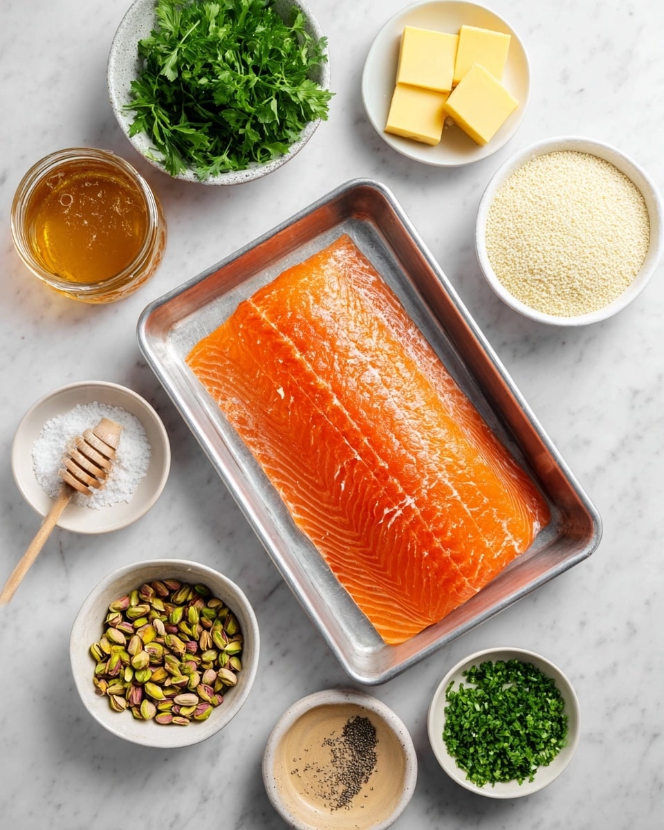 The image shows a shiny, bright orange raw salmon fillet with visible white lines, placed in a small metal tray at the center on a white marbled surface. Around the tray, there are six small white bowls arranged in a loose circle: one at the top contains two small, square yellow butter pieces; to the right is a bowl with white salt and black pepper; below that is a bowl of white breadcrumbs; further down is a bowl filled with chopped green pistachios; to the bottom left is a jar of golden honey with a wooden honey dipper resting inside; above the honey jar is a bowl of light brown mustard. At the top left is a bowl filled with fresh green parsley and chopped chives. The setup looks clean and ready for cooking, photo taken with an iphone --ar 4:5 --v 7