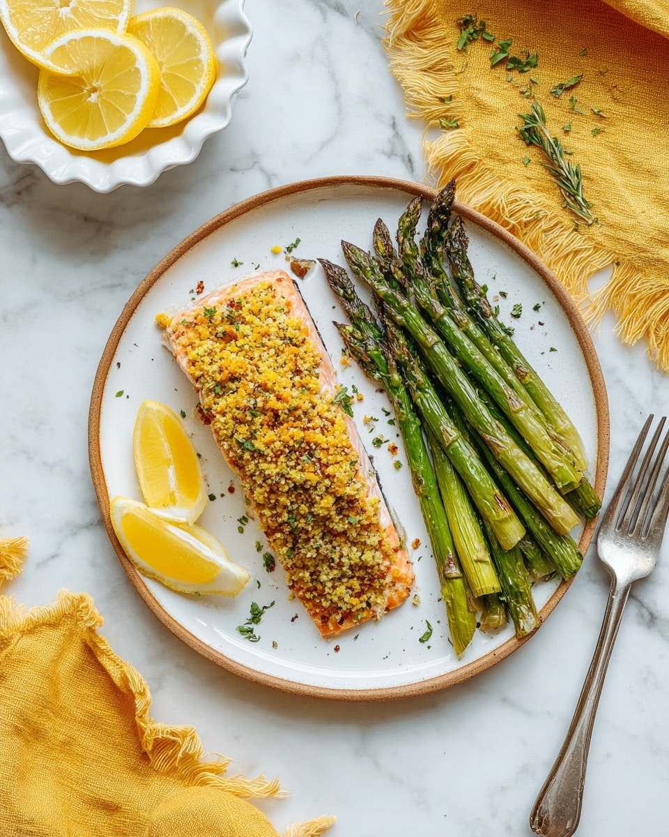 A white plate with a brown rim holds a rectangular piece of salmon covered with a crunchy yellowish topping with bits of herbs, placed on the left side of the plate. To the right, there is a bunch of green asparagus stalks with light grill marks and some black pepper. Two lemon wedges with bright yellow skin and juicy insides sit at the bottom left of the salmon. The plate rests on a white marbled surface, next to a small white scalloped bowl with three lemon slices, a silver fork, and a yellow cloth with fringes. Some scattered crumbs and herbs are visible near the top right. photo taken with an iphone --ar 4:5 --v 7