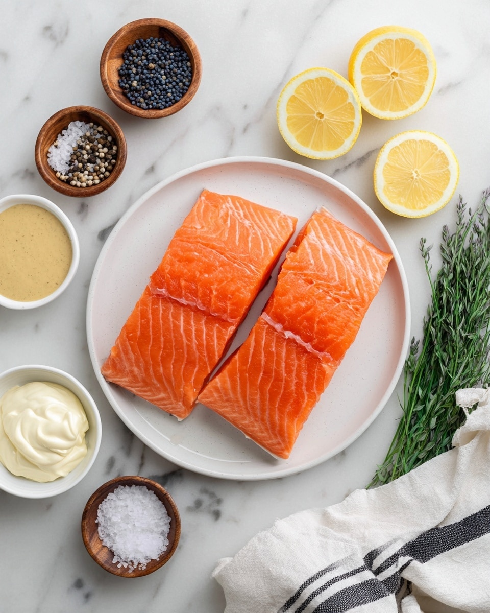 Two bright orange salmon fillets with visible texture and skin on the bottom edge are placed side by side on a white round plate centered on a white marbled surface. Around the plate, there are small wooden bowls with black peppercorns, salt, and granulated white sugar. A small white bowl containing a beige mustard sauce sits near the bottom left, and a similar white bowl holds creamy white mayonnaise. Two lemon slices with pale yellow flesh are positioned above the plate. A sprig of fresh green tarragon is near the bottom right, next to a white cloth with black stripes. Photo taken with an iphone --ar 4:5 --v 7