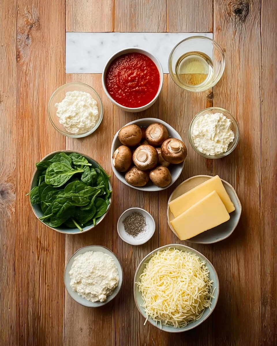 The image shows eight bowls and stacks with different ingredients placed on a wooden table with a corner frame pattern. At the top center, there is a bowl of red tomato sauce with a smooth texture. To the right of it, a clear glass holds a light-colored liquid, likely oil. Below the tomato sauce, toward the center, a white bowl is filled with whole brown mushrooms. To the bottom right of the mushrooms, there are several rectangular sheets of cheese stacked neatly with a smooth, yellow color. At the bottom, there is a bowl filled with shredded white cheese, fluffy and soft in texture. To the bottom left, a small white bowl holds white salt and black pepper. Above it, a bowl of fresh green spinach leaves is stacked loosely. Near the top left, two small white bowls contain white ricotta cheese and grated Parmesan cheese respectively. The entire setup is on a natural wood surface with a white marbled texture. photo taken with an iphone --ar 4:5 --v 7
