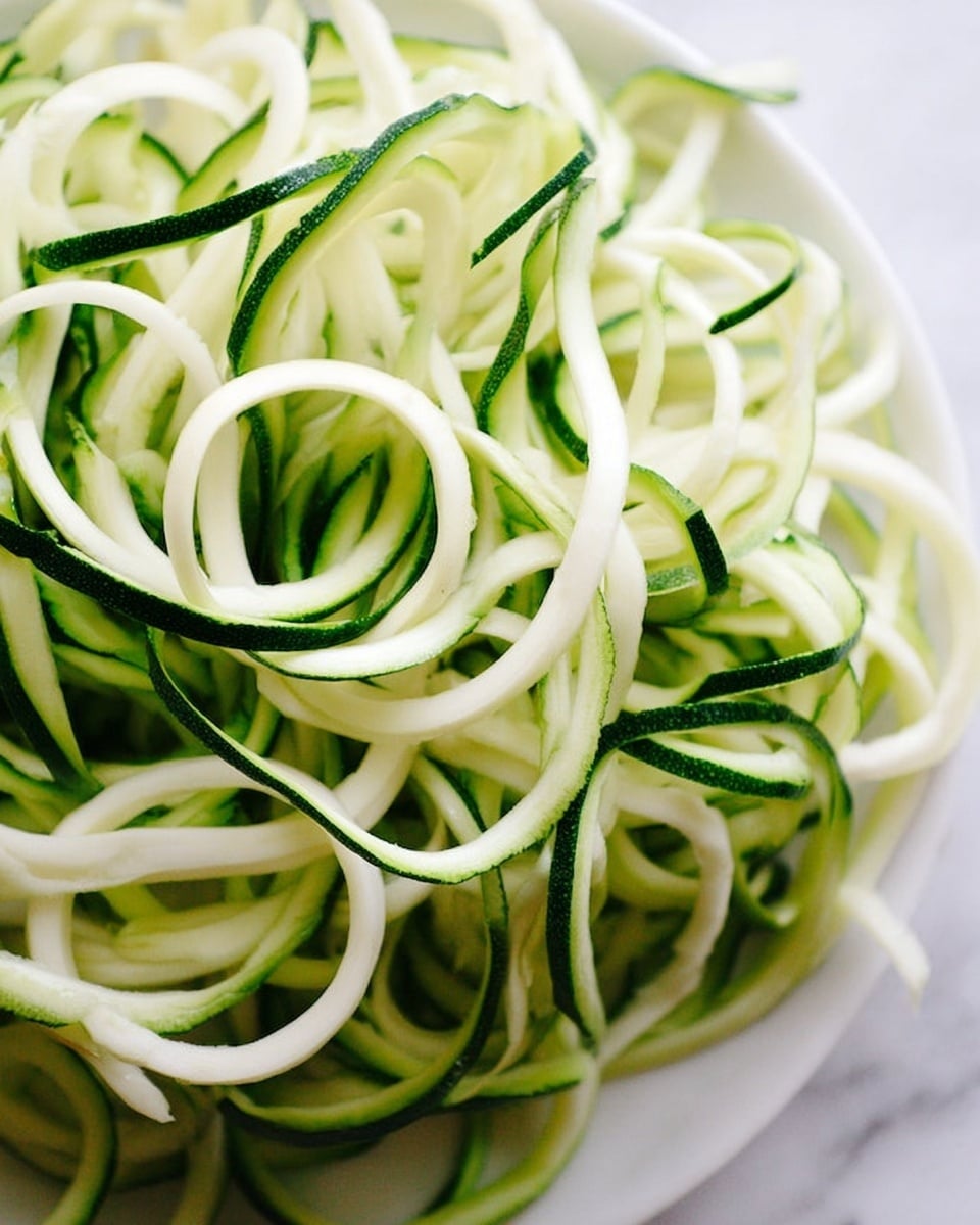 A pile of thin, spiraled zucchini noodles sits on a white plate, showing layers of light green and white curls with dark green edges from the skin. The noodles are twisted and looped closely together, creating a soft, textured look. The background is a white marbled surface. photo taken with an iphone --ar 4:5 --v 7