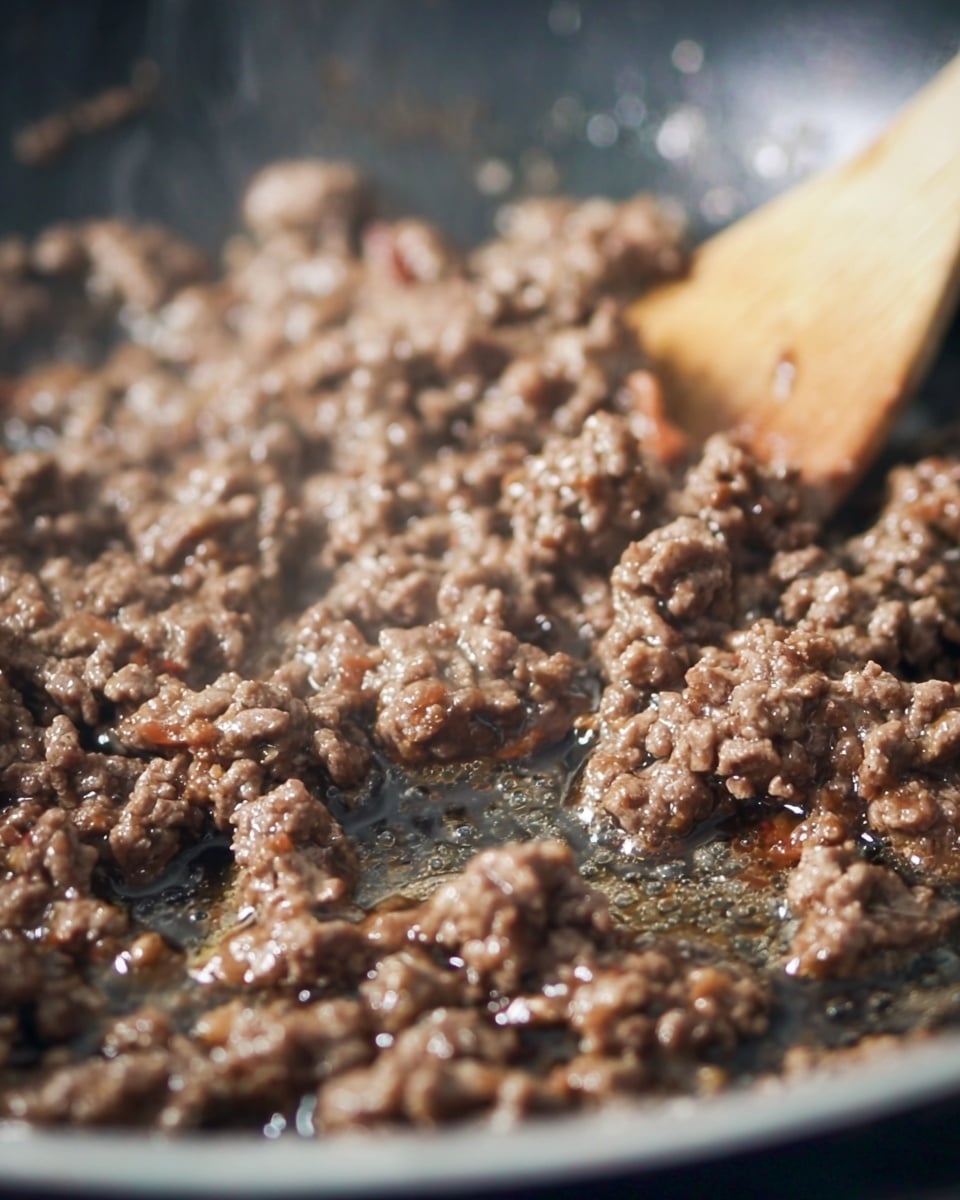 The image shows browned ground meat cooking in a pan with a wooden spatula partially visible on the right side. The meat is broken into small pieces and is surrounded by a shiny layer of cooking juices, giving it a wet, glistening look. The pan has dark edges and the meat has a rich brown color with some lighter spots where the light hits. The background is soft and out of focus, emphasizing the texture of the cooked meat. photo taken with an iphone --ar 4:5 --v 7