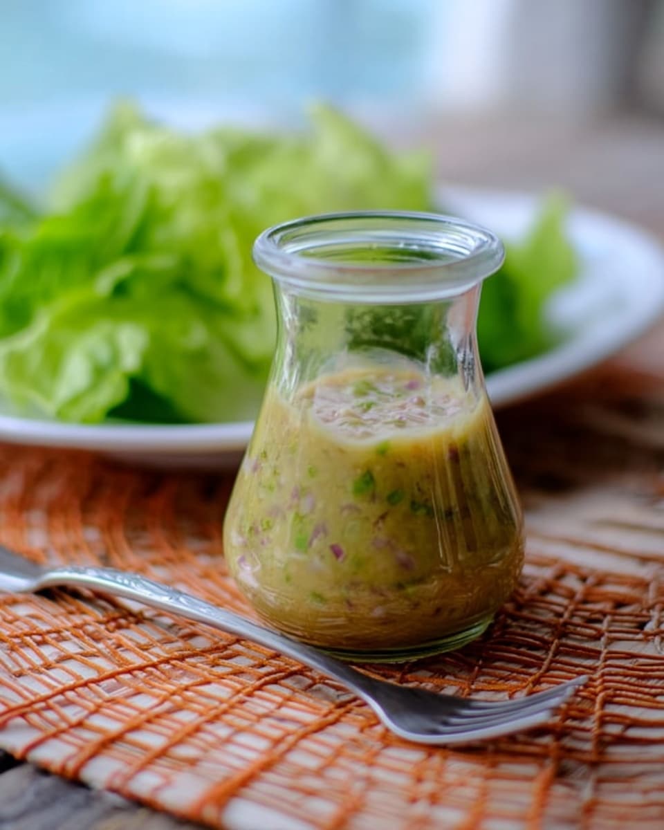A small clear glass jar filled with a light greenish-yellow sauce with visible bits of chopped herbs and small pieces of vegetables, sitting on a woven surface with orange and beige patterns. Behind the jar, there is a white plate with fresh green leafy lettuce. A silver fork rests on the woven surface next to the jar, and the background is blurred with soft blue and white tones. photo taken with an iphone --ar 4:5 --v 7
