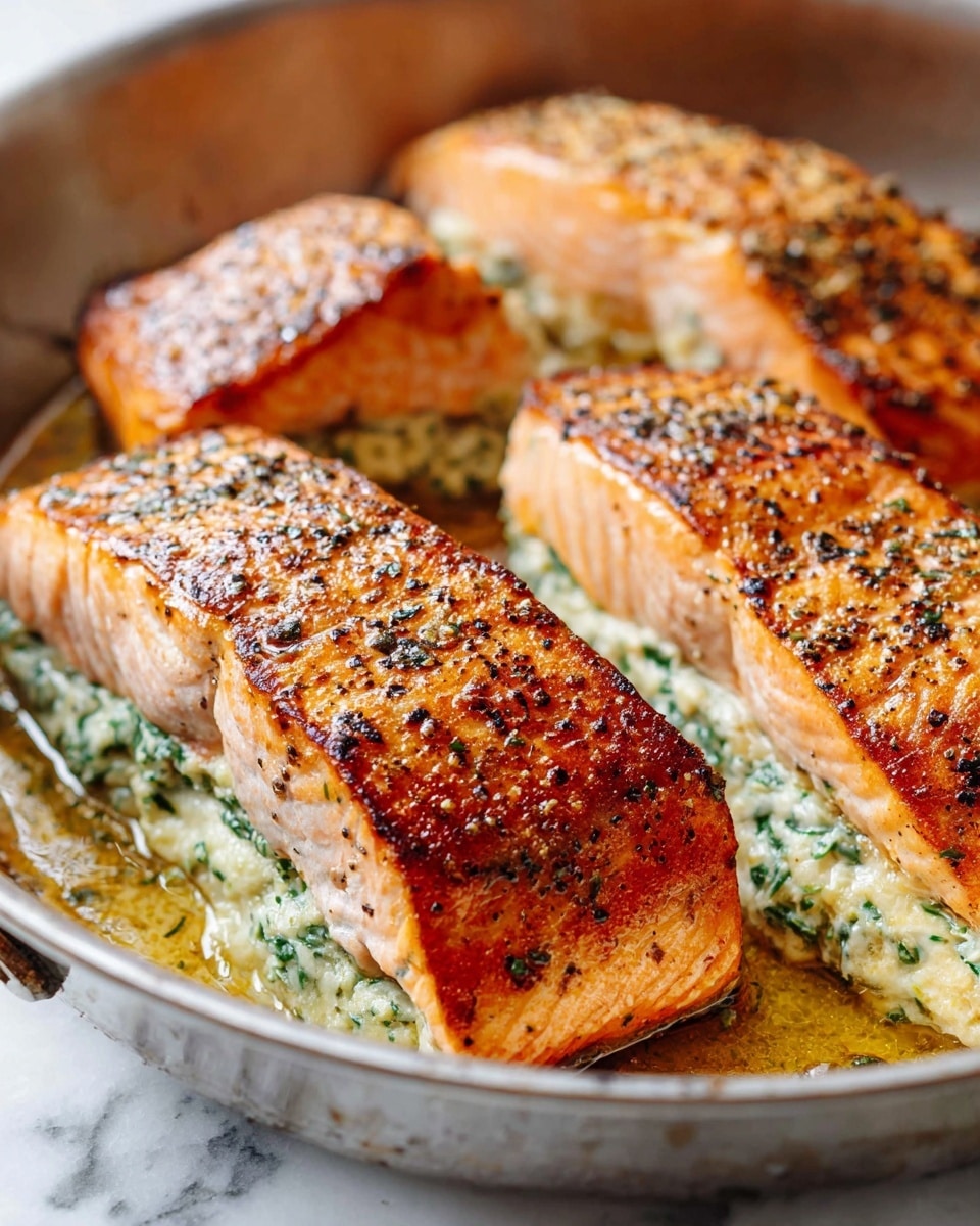 A close-up view of three cooked salmon fillets in a metal pan on a white marbled surface, each fillet showing a crispy, golden-brown skin on top with black pepper specks and grill marks. Underneath each salmon piece is a thick, creamy layer of green and white herb cheese stuffing, slightly spilling out from the sides. The pan edges and the shiny cooked juices add a warm glow around the fillets. photo taken with an iphone --ar 4:5 --v 7