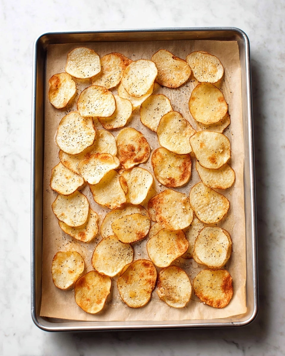 A metal baking tray filled with one layer of thinly sliced round potato chips arranged spaced apart on top of light brown baking paper. The potato chips have light golden brown edges with some darker brown spots and light specks of black pepper on their surfaces. The tray sits on a white marbled textured surface. photo taken with an iphone --ar 4:5 --v 7