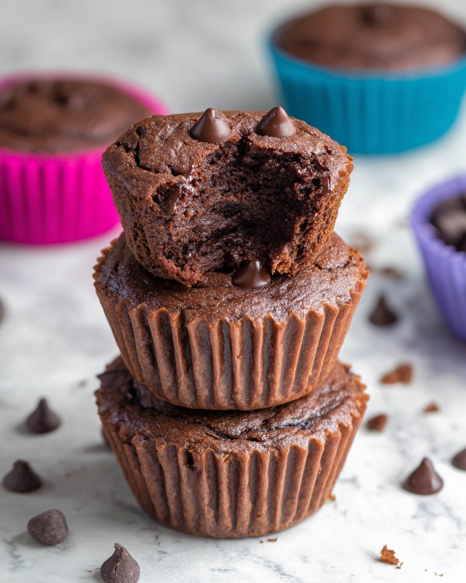 The image shows a stack of three chocolate muffins placed on a white marbled surface, with the top muffin having a bite taken from it, revealing a moist, dark brown interior with melted chocolate chips inside. Each muffin is deep brown with a slightly cracked top surface, and small chocolate chips are embedded in the top layer. The muffins are inside brown baking cups that have a ribbed texture. Scattered chocolate chips rest around the muffins on the white marbled background. In the blurred background, two more muffins in blue and pink silicone cups are visible. photo taken with an iphone --ar 4:5 --v 7