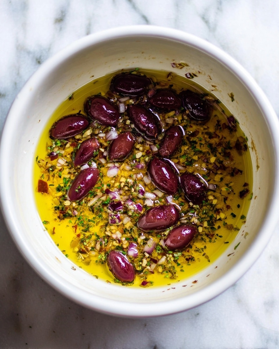 A white bowl contains a mix of layers starting with a golden yellow olive oil base at the bottom, scattered with tiny green herb flecks. On top, there are small pieces of finely chopped red onion, showing a mix of pale purple and white colors. The upper layer is decorated with halved dark purple Kalamata olives, which have a glossy, smooth texture. The bowl sits on a white marbled surface. photo taken with an iphone --ar 4:5 --v 7
