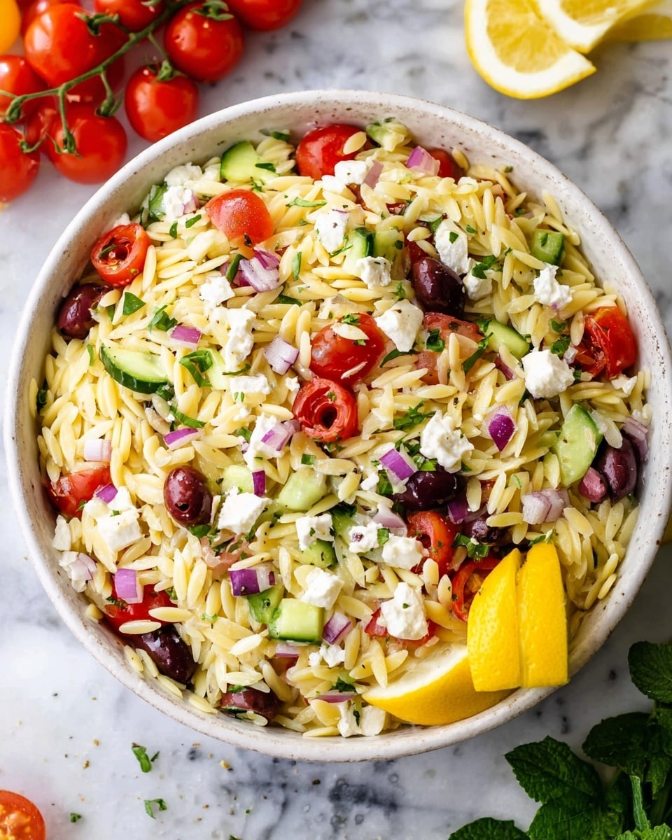 The image shows a bowl filled with a colorful orzo pasta salad layered with small cubes of white feta cheese, halved red cherry tomatoes, diced green cucumber, and small black olives. The orzo pasta is pale yellow and takes up most of the space as the base layer. Scattered finely chopped red onions and a few small fresh green herb leaves are mixed in. On the edge, there is a bright yellow lemon slice for garnish. The bowl is white and placed on a white marbled surface, with some cherry tomatoes and green leaves blurred in the background. Photo taken with an iphone --ar 4:5 --v 7